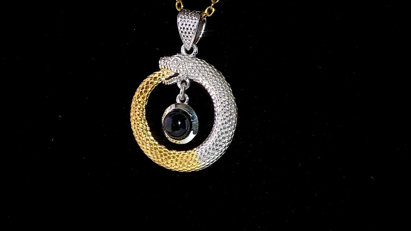 D'Joy Blue Star Sapphire (DF) 1.70 ctw Ouroboros Pendant without Chain in 14K YG and Rhodium Over Sterling Silver