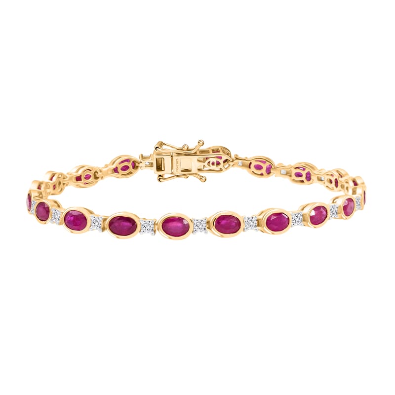 D'Joy African Ruby (FF) and Moissanite 14.00 ctw Bracelet in Rhodium and 18K Vermeil YG Over Sterling Silver (8.00 In)