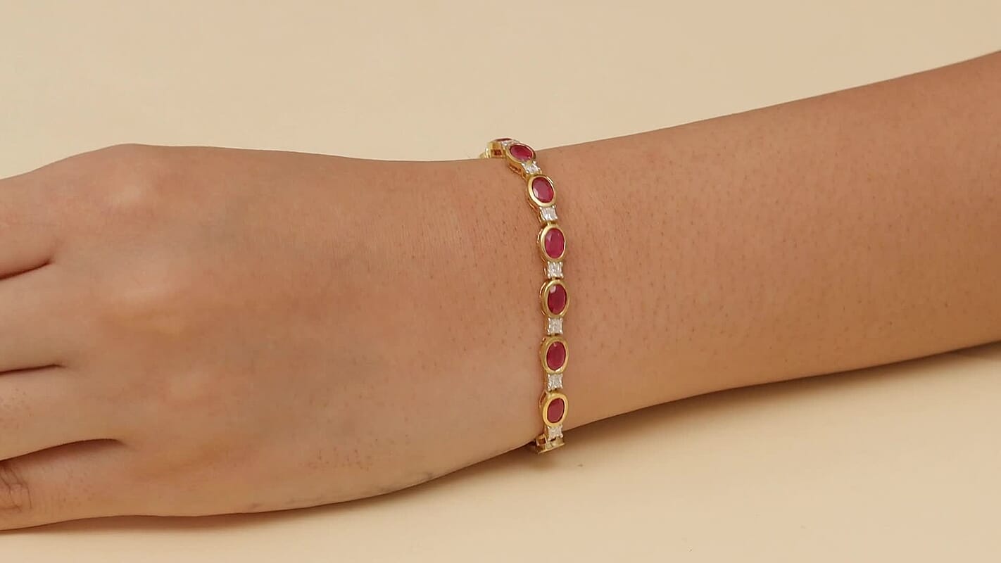 D'Joy African Ruby (FF) and Moissanite 14.00 ctw Bracelet in Rhodium and 18K Vermeil YG Over Sterling Silver (8.00 In)