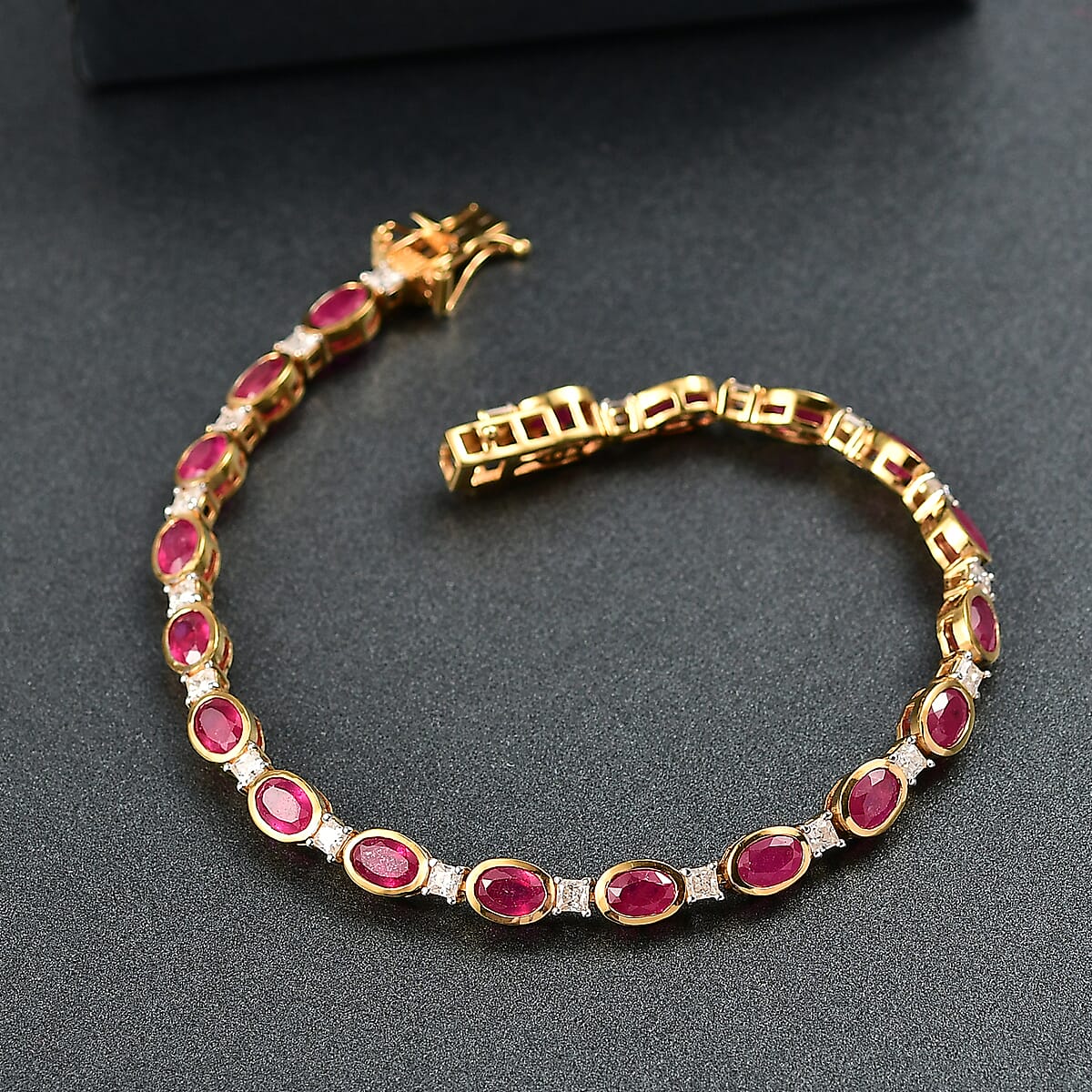 D'Joy African Ruby (FF) and Moissanite 14.00 ctw Bracelet in 18K Vermeil YG and Rhodium Over Sterling Silver (8.00 In) image number 1