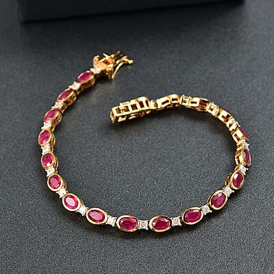 D'Joy African Ruby (FF) and Moissanite 14.00 ctw Bracelet in Rhodium and 18K Vermeil YG Over Sterling Silver (8.00 In)