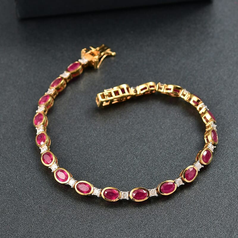 D'Joy African Ruby (FF) and Moissanite 14.00 ctw Bracelet in Rhodium and 18K Vermeil YG Over Sterling Silver (8.00 In)