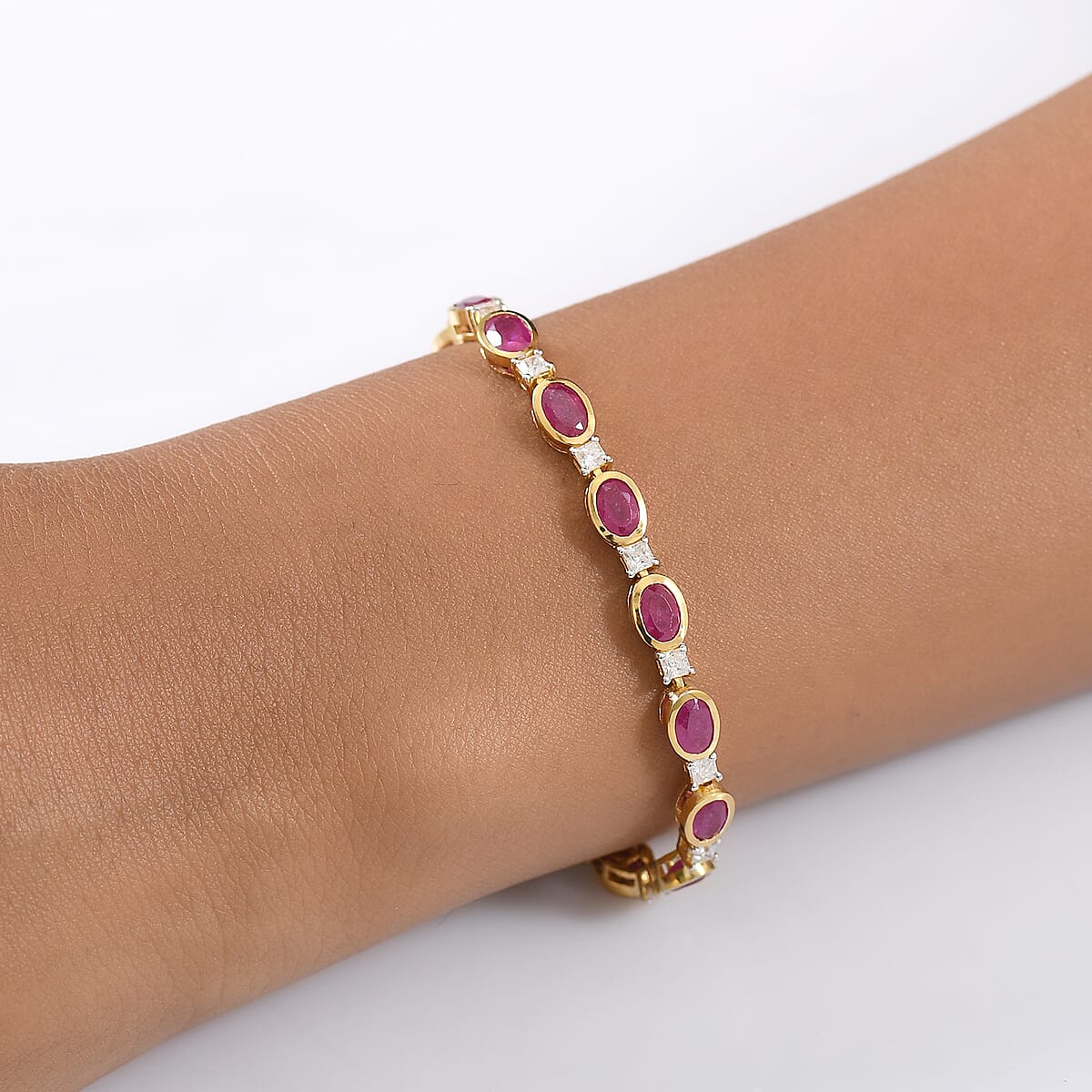 D'Joy African Ruby (FF) and Moissanite 14.00 ctw Bracelet in 18K Vermeil YG and Rhodium Over Sterling Silver (8.00 In) image number 2