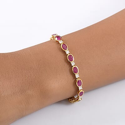 D'Joy African Ruby (FF) and Moissanite 14.00 ctw Bracelet in Rhodium and 18K Vermeil YG Over Sterling Silver (8.00 In)