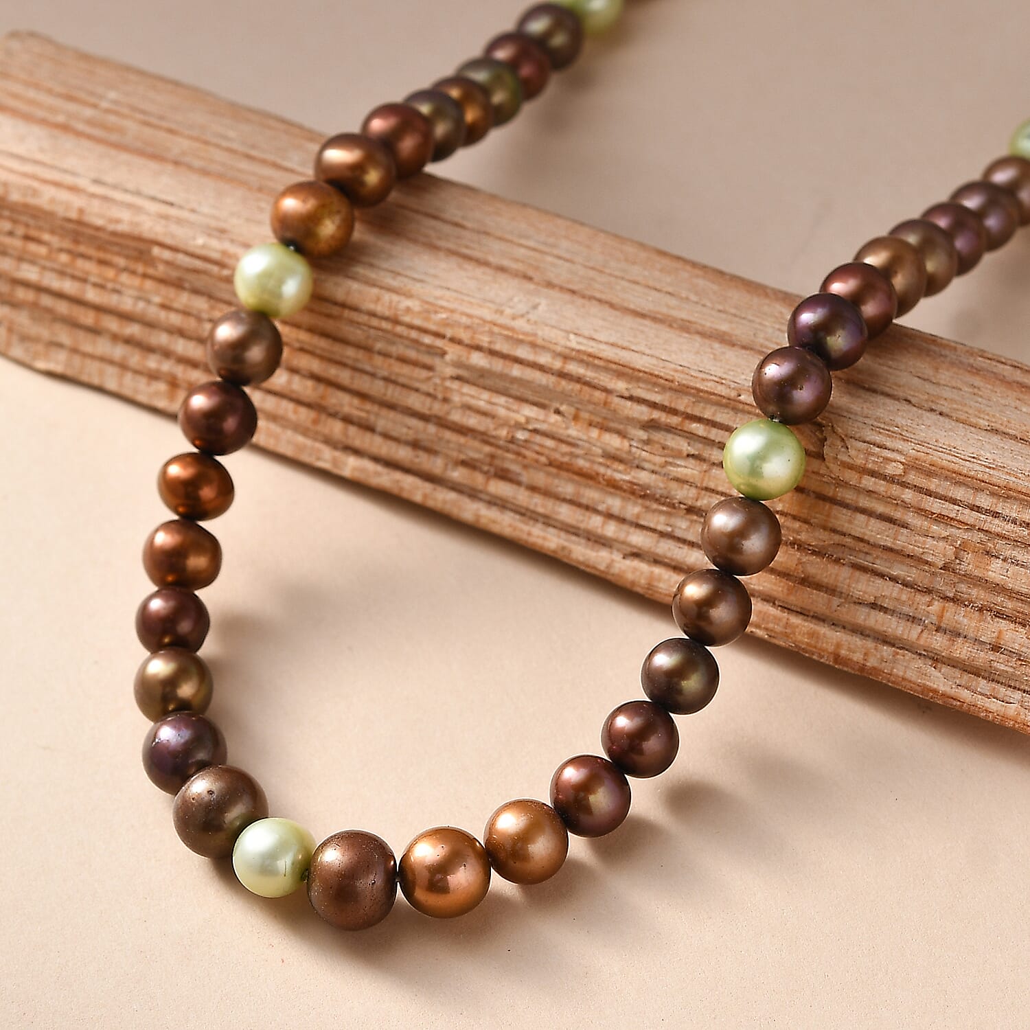 Brown and Green Dyed Pearl Necklace in Stainless Steel 18 Inches