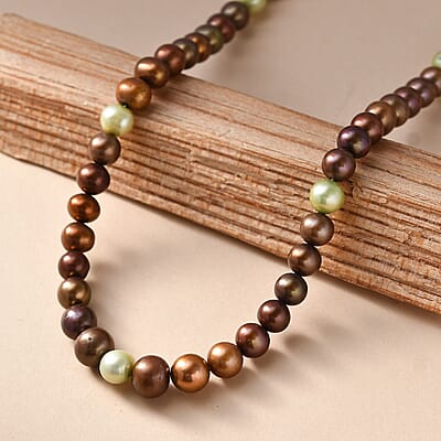 Brown and Green Dyed Pearl Necklace in Stainless Steel 18 Inches