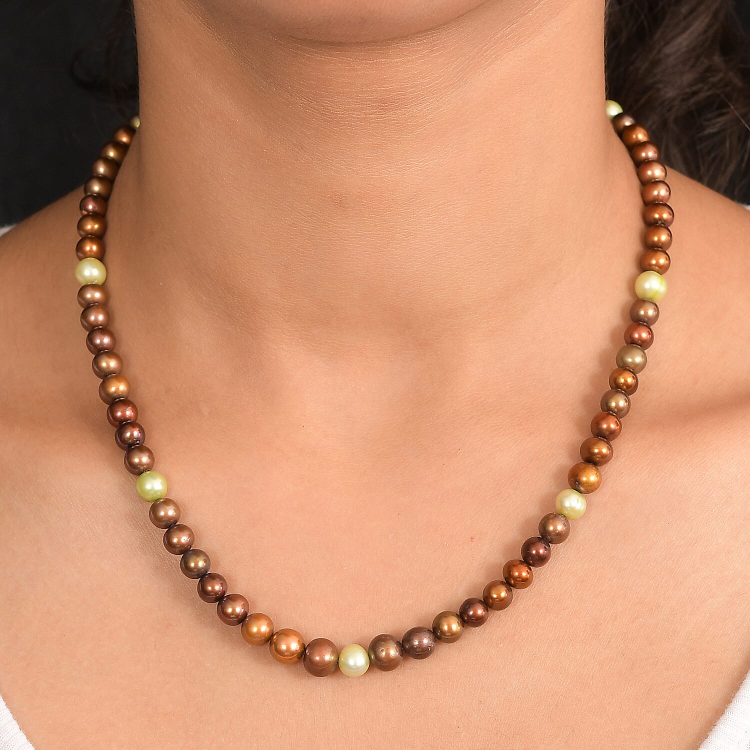 Brown and Green Dyed Pearl Necklace in Stainless Steel 18 Inches