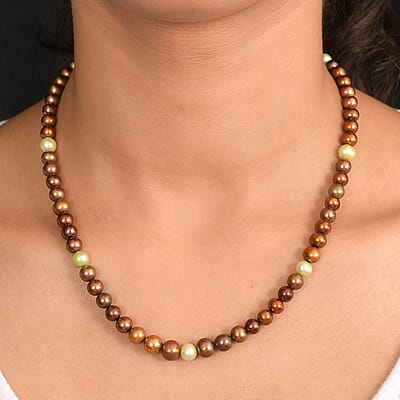 Brown and Green Dyed Pearl Necklace in Stainless Steel 18 Inches