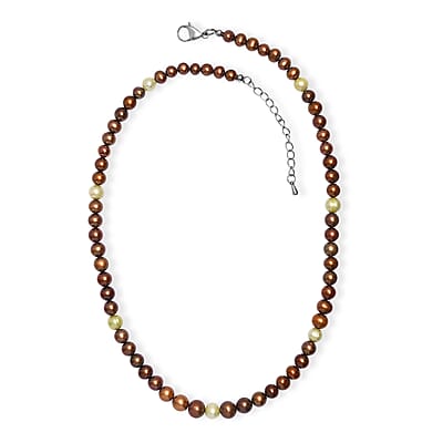 Brown and Green Dyed Pearl Necklace in Stainless Steel 18 Inches