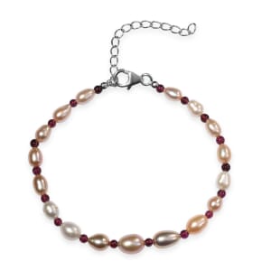 Multi Color Freshwater Pearl and Thai Black Spinel 4.00 ctw Bracelet in Rhodium Over Sterling Silver (7.25 In)