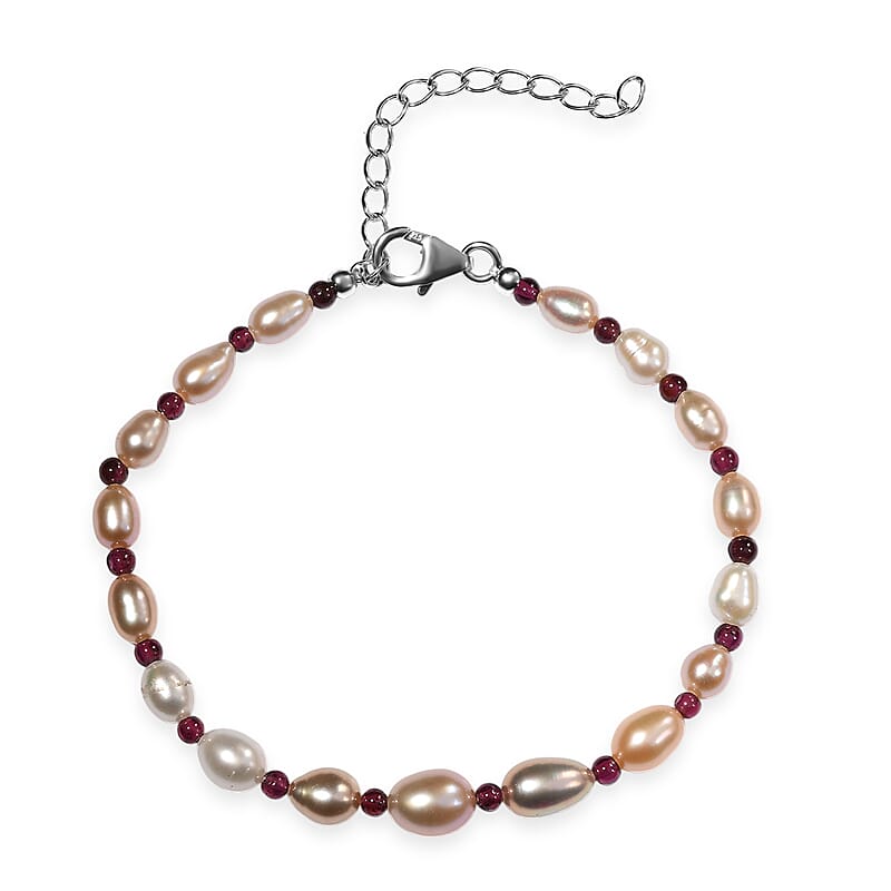 Multi Color Freshwater Pearl and Thai Black Spinel 4.00 ctw Bracelet in Rhodium Over Sterling Silver (7.25 In)