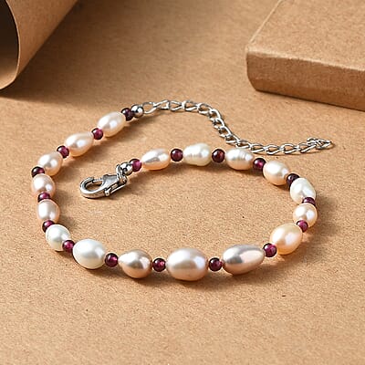 Multi Color Freshwater Pearl and Thai Black Spinel 4.00 ctw Bracelet in Rhodium Over Sterling Silver (7.25 In)