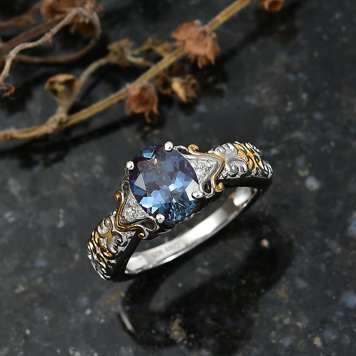 D'Joy Premium Lab Grown Alexandrite and Moissanite 2.50 ctw Eternal Heirloom Ring in 18K Vermeil YG and Rhodium Over Sterling Silver (Size 7.0) image number 1