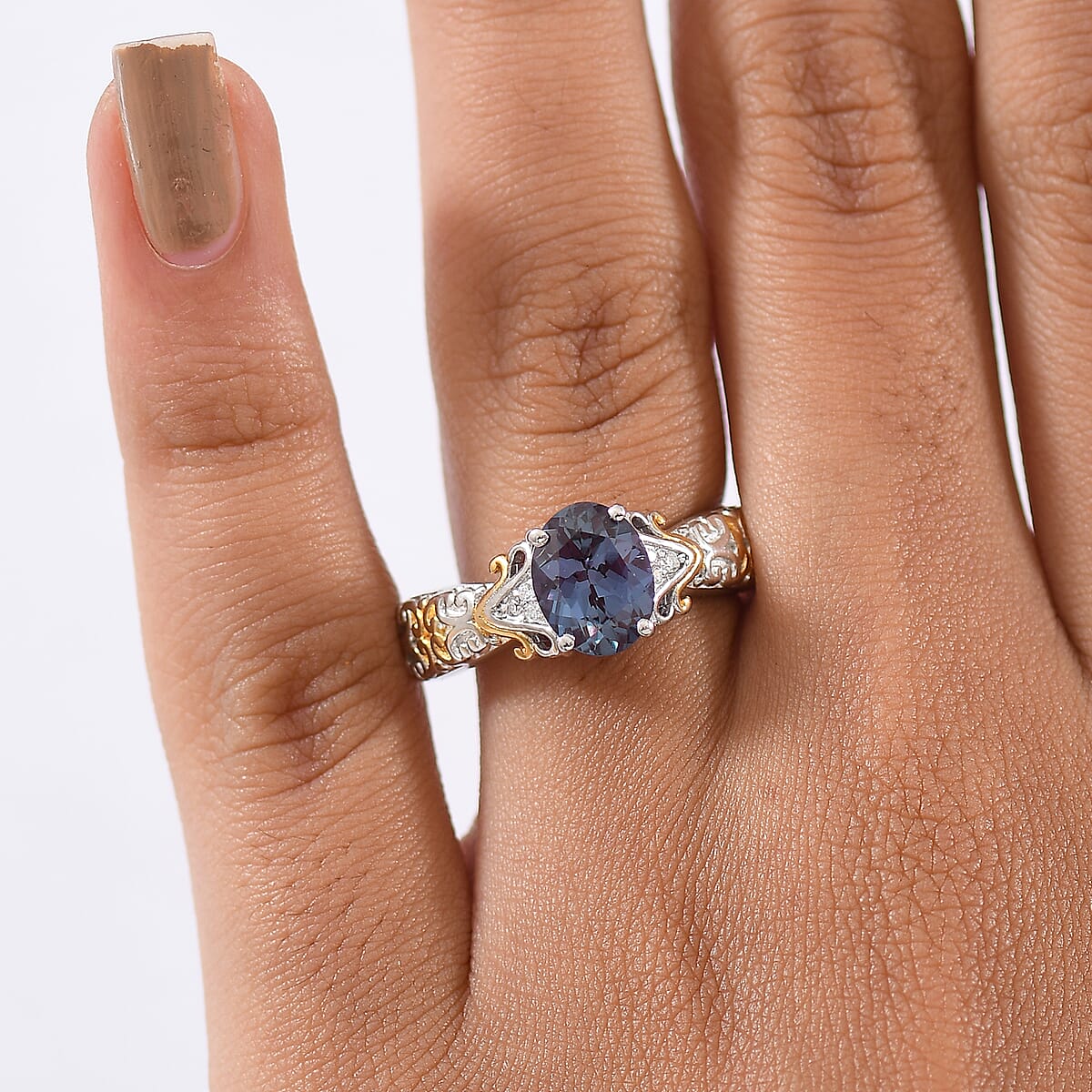D'Joy Premium Lab Grown Alexandrite and Moissanite 2.50 ctw Eternal Heirloom Ring in 18K Vermeil YG and Rhodium Over Sterling Silver (Size 7.0) image number 2