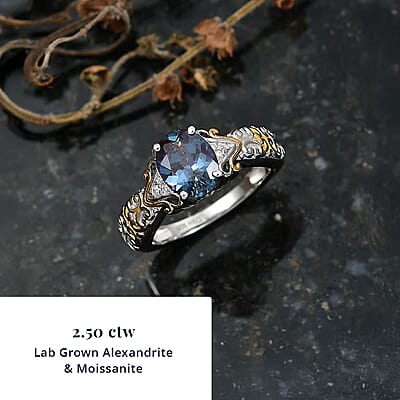 D'Joy Premium Lab Grown Alexandrite and Moissanite 2.50 ctw Eternal Heirloom Ring in 18K Vermeil YG and Rhodium Over Sterling Silver (Size 8.0)