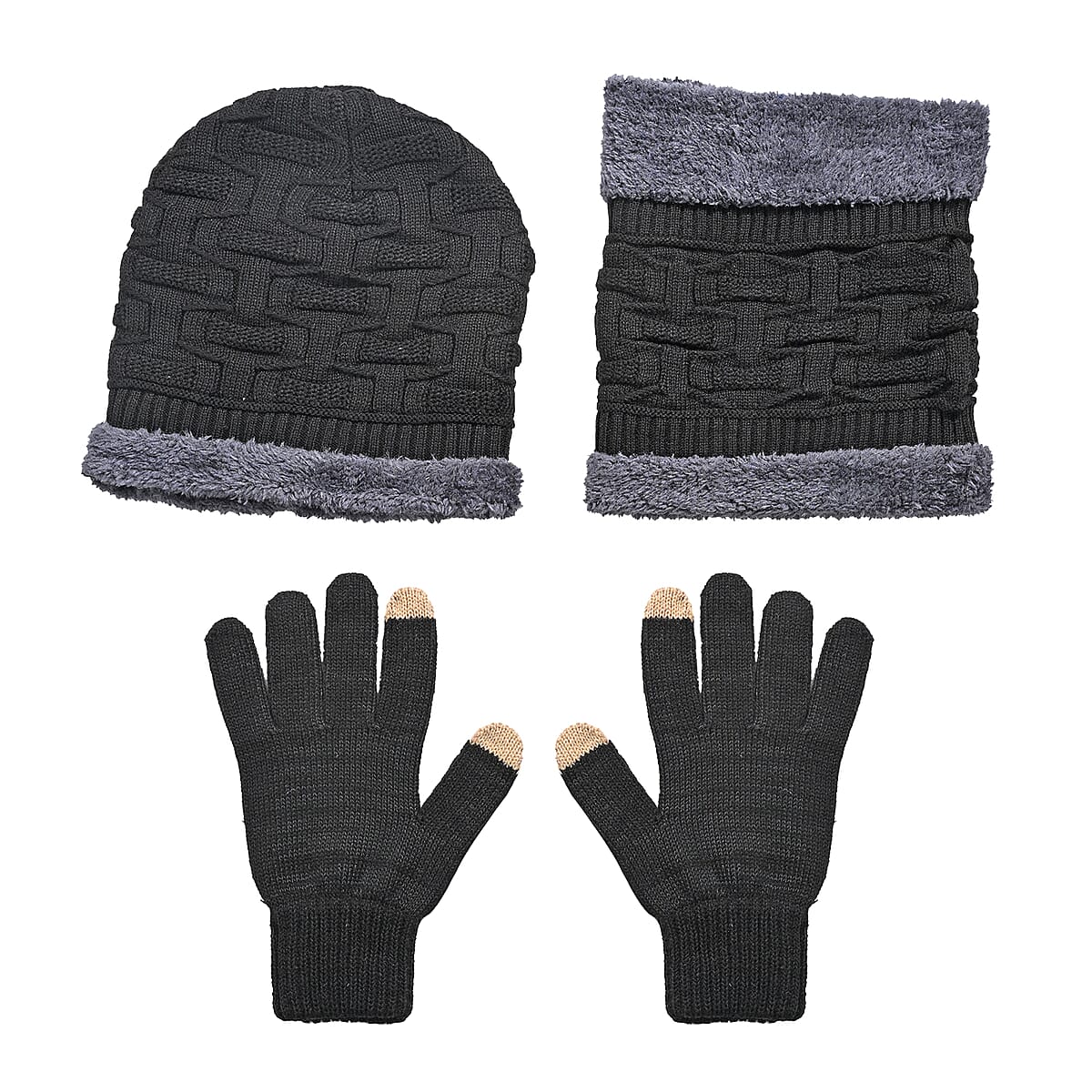 Doorbuster Winter Thick Fleece Lined Beanie Cap Hat Neck Warmer Scarf and Touch Screen Supported Mittens Gloves - Black (3pcs Set) image number 0