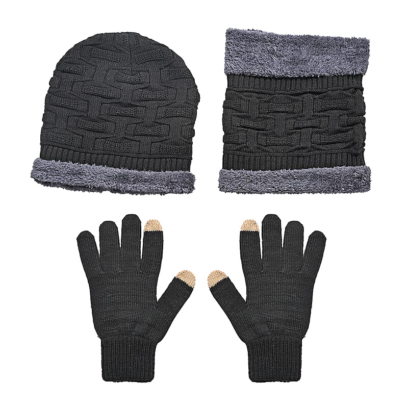 Winter Thick Fleece Lined Beanie Cap Hat Neck Warmer Scarf and Touch Screen Supported Mittens Gloves - Black (3pcs Set)