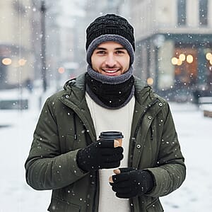 Doorbuster Winter Thick Fleece Lined Beanie Cap Hat Neck Warmer Scarf and Touch Screen Supported Mittens Gloves - Black (3pcs Set)