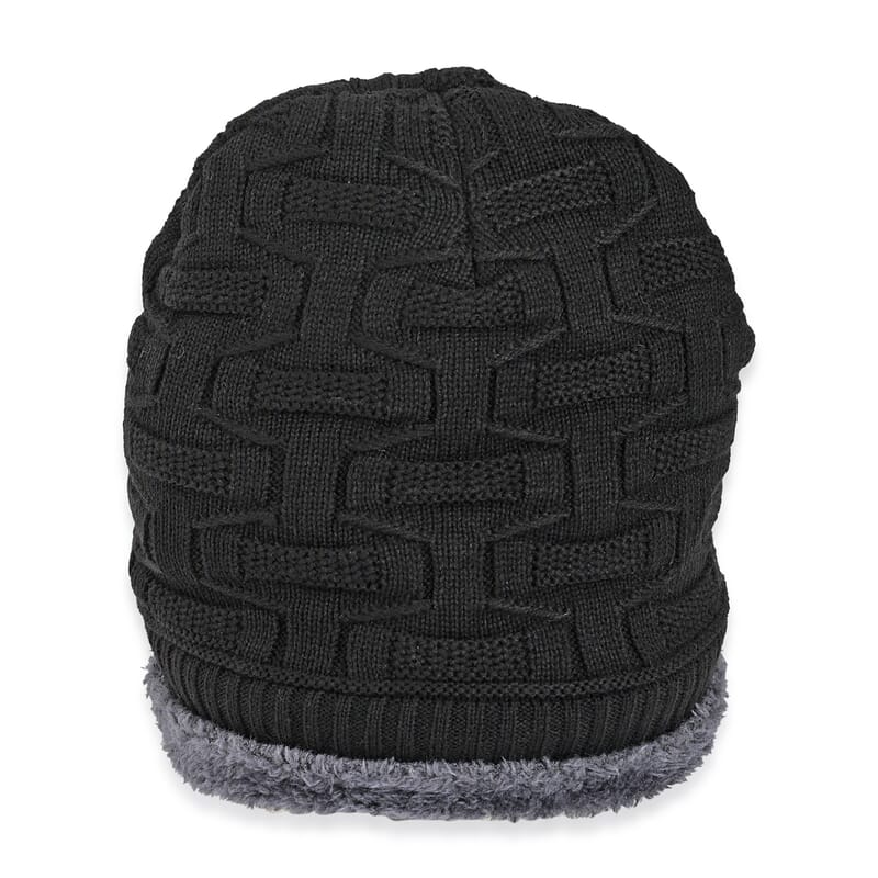 Winter Thick Fleece Lined Beanie Cap Hat Neck Warmer Scarf and Touch Screen Supported Mittens Gloves - Black (3pcs Set)
