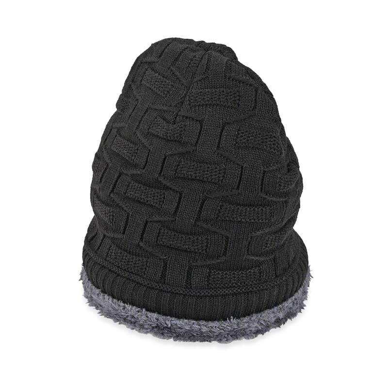 Winter Thick Fleece Lined Beanie Cap Hat Neck Warmer Scarf and Touch Screen Supported Mittens Gloves - Black (3pcs Set)