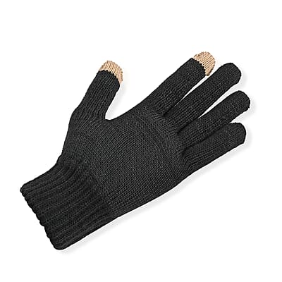 Winter Thick Fleece Lined Beanie Cap Hat Neck Warmer Scarf and Touch Screen Supported Mittens Gloves - Black (3pcs Set)