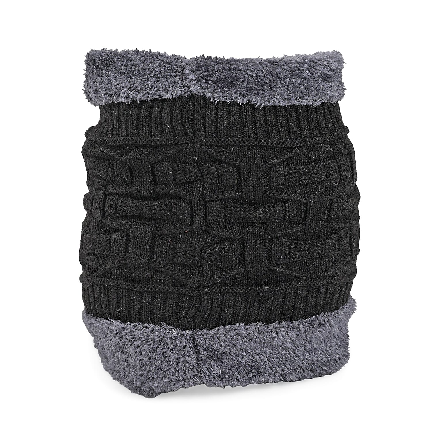 Winter Thick Fleece Lined Beanie Cap Hat Neck Warmer Scarf and Touch Screen Supported Mittens Gloves - Black (3pcs Set)