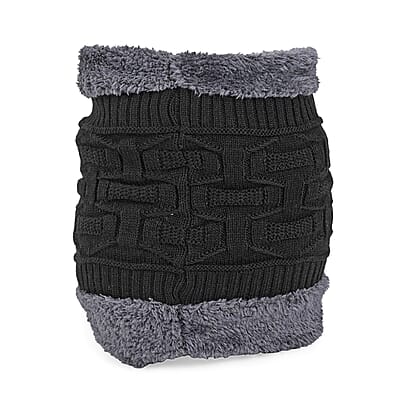 Winter Thick Fleece Lined Beanie Cap Hat Neck Warmer Scarf and Touch Screen Supported Mittens Gloves - Black (3pcs Set)