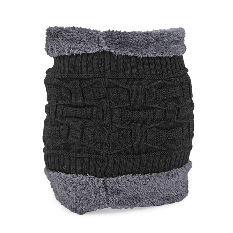 Winter Thick Fleece Lined Beanie Cap Hat Neck Warmer Scarf and Touch Screen Supported Mittens Gloves - Black (3pcs Set)