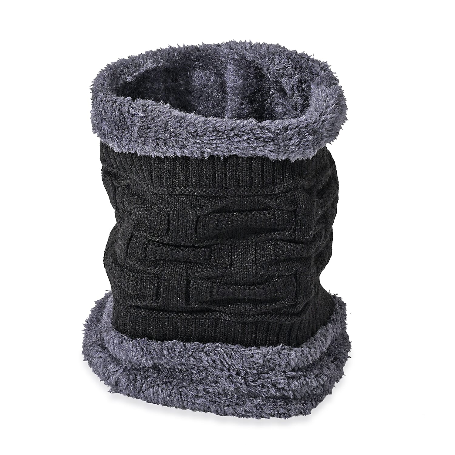 Winter Thick Fleece Lined Beanie Cap Hat Neck Warmer Scarf and Touch Screen Supported Mittens Gloves - Black (3pcs Set)