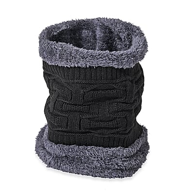 Winter Thick Fleece Lined Beanie Cap Hat Neck Warmer Scarf and Touch Screen Supported Mittens Gloves - Black (3pcs Set)