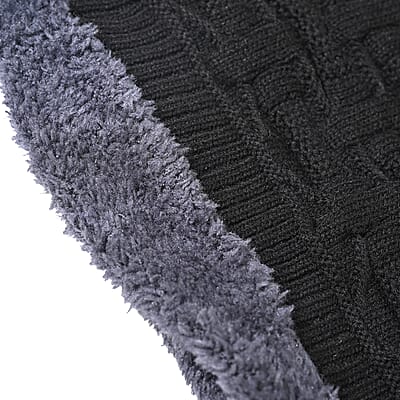 Winter Thick Fleece Lined Beanie Cap Hat Neck Warmer Scarf and Touch Screen Supported Mittens Gloves - Black (3pcs Set)