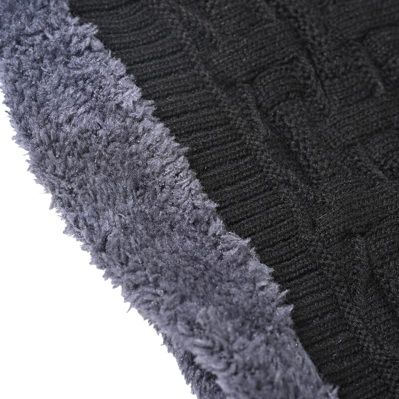 Winter Thick Fleece Lined Beanie Cap Hat Neck Warmer Scarf and Touch Screen Supported Mittens Gloves - Black (3pcs Set)