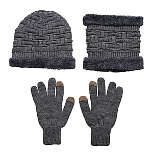  Winter Thick Fleece Lined Beanie Cap Hat Neck Warmer Scarf and Touch Screen Supported Mittens Gloves - Gray (3pcs Set)