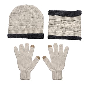  Winter Thick Fleece Lined Beanie Cap Hat Neck Warmer Scarf and Touch Screen Supported Mittens Gloves Cream (3pcs Set)