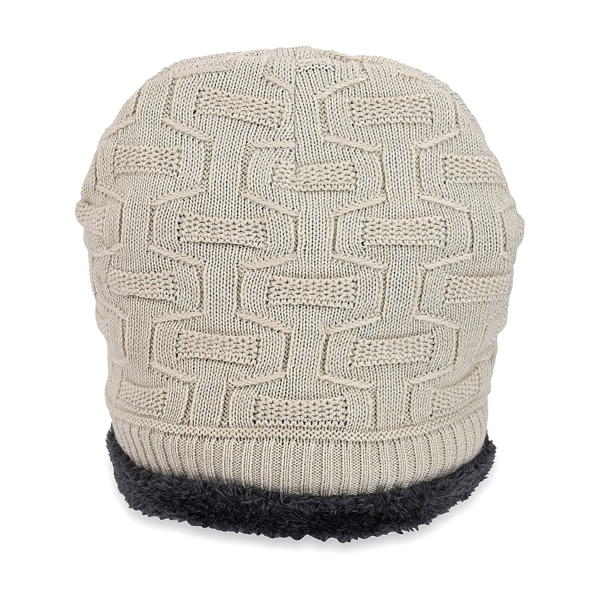  Winter Thick Fleece Lined Beanie Cap Hat Neck Warmer Scarf and Touch Screen Supported Mittens Gloves Cream (3pcs Set) image number 2