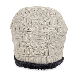  Winter Thick Fleece Lined Beanie Cap Hat Neck Warmer Scarf and Touch Screen Supported Mittens Gloves Cream (3pcs Set)