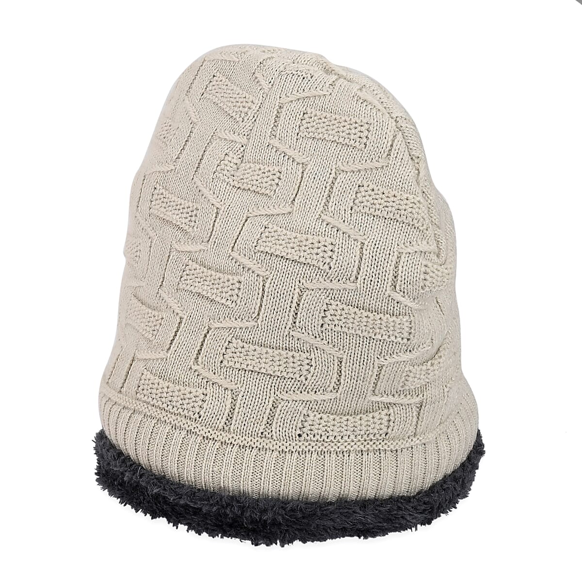  Winter Thick Fleece Lined Beanie Cap Hat Neck Warmer Scarf and Touch Screen Supported Mittens Gloves Cream (3pcs Set) image number 3