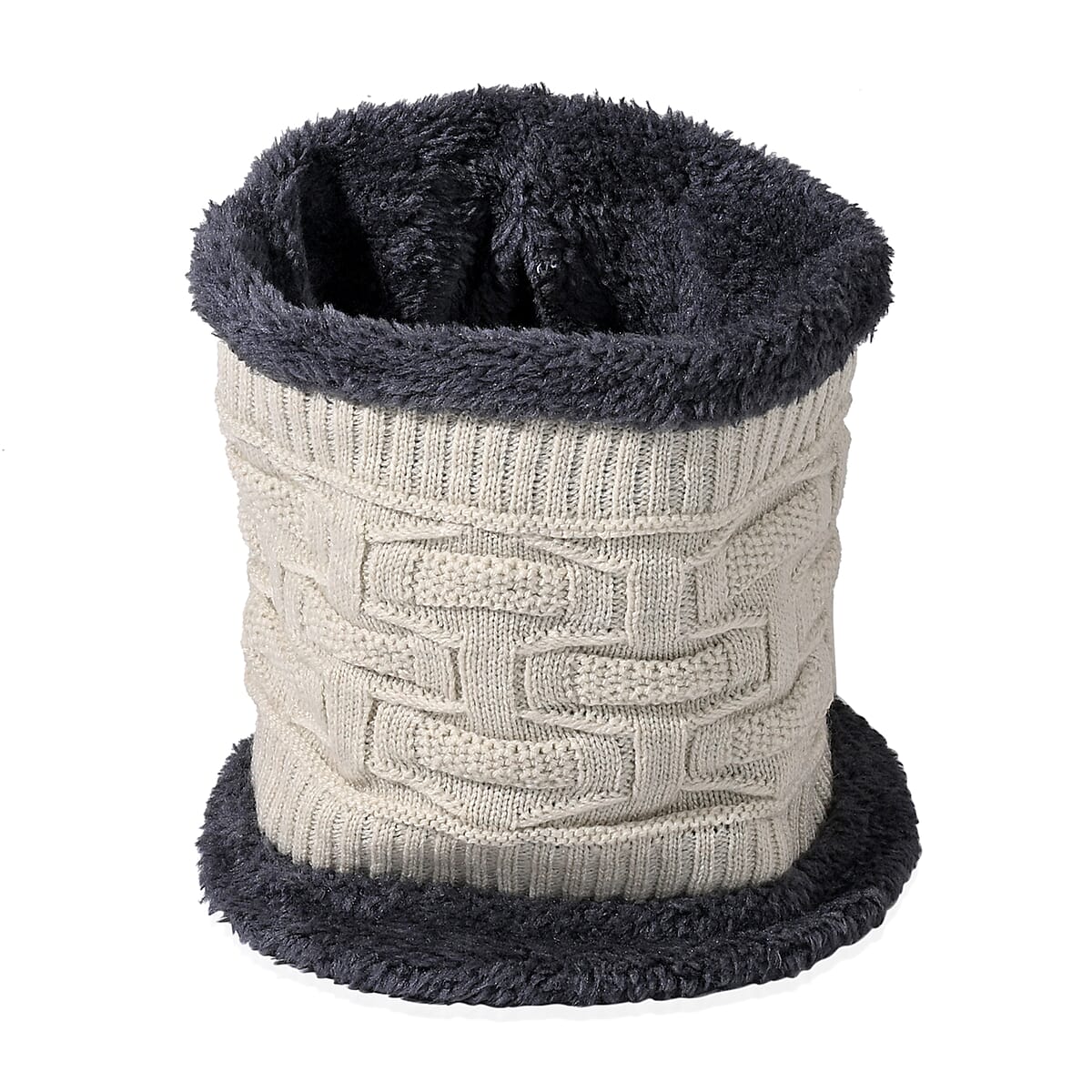  Winter Thick Fleece Lined Beanie Cap Hat Neck Warmer Scarf and Touch Screen Supported Mittens Gloves Cream (3pcs Set) image number 7