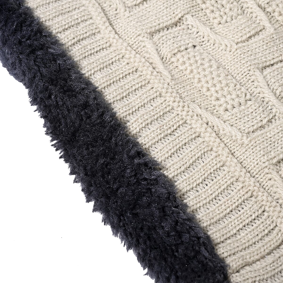  Winter Thick Fleece Lined Beanie Cap Hat Neck Warmer Scarf and Touch Screen Supported Mittens Gloves Cream (3pcs Set) image number 8