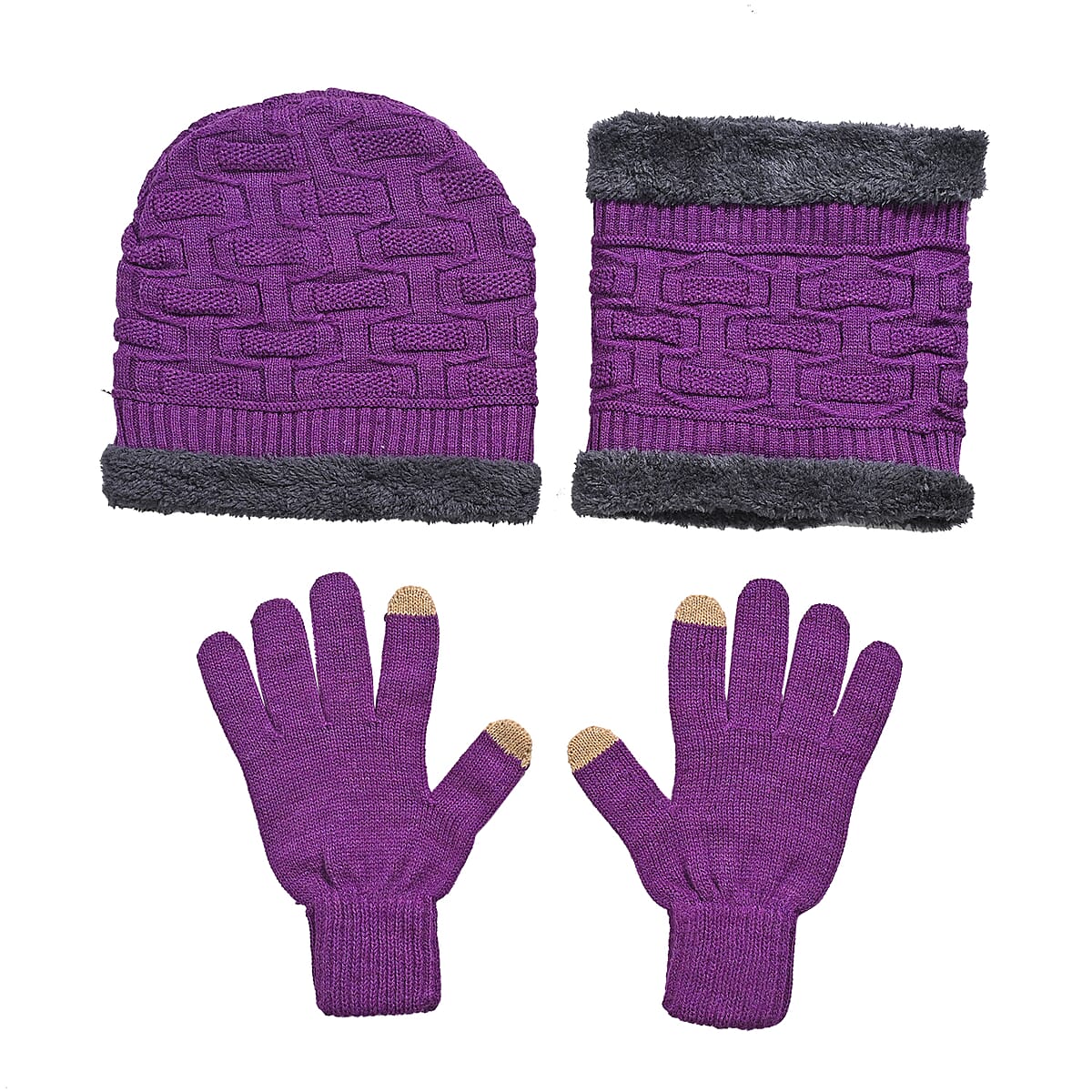  Winter Thick Fleece Lined Beanie Cap Hat Neck Warmer Scarf and Touch Screen Supported Mittens Gloves - Purple (3pcs Set) image number 0