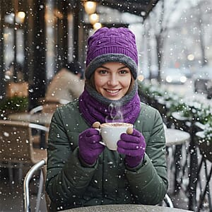  Winter Thick Fleece Lined Beanie Cap Hat Neck Warmer Scarf and Touch Screen Supported Mittens Gloves - Purple (3pcs Set)