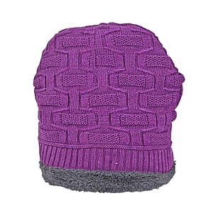  Winter Thick Fleece Lined Beanie Cap Hat Neck Warmer Scarf and Touch Screen Supported Mittens Gloves - Purple (3pcs Set)