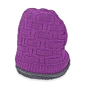  Winter Thick Fleece Lined Beanie Cap Hat Neck Warmer Scarf and Touch Screen Supported Mittens Gloves - Purple (3pcs Set)