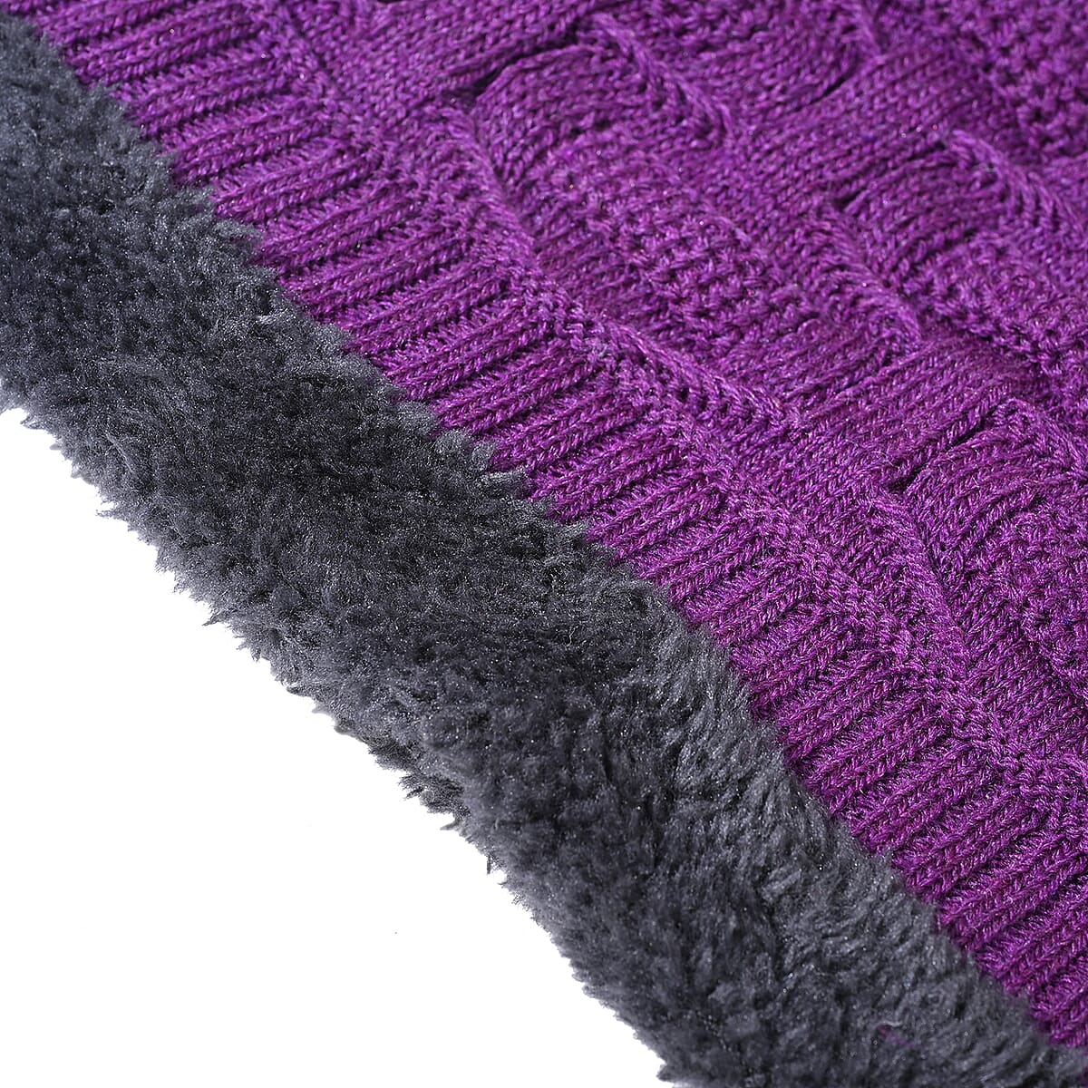  Winter Thick Fleece Lined Beanie Cap Hat Neck Warmer Scarf and Touch Screen Supported Mittens Gloves - Purple (3pcs Set) image number 8