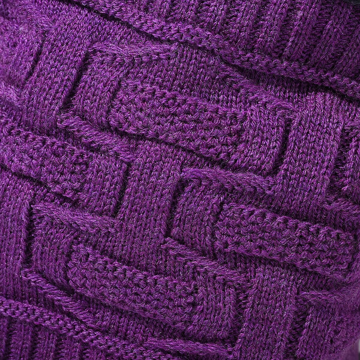  Winter Thick Fleece Lined Beanie Cap Hat Neck Warmer Scarf and Touch Screen Supported Mittens Gloves - Purple (3pcs Set) image number 9