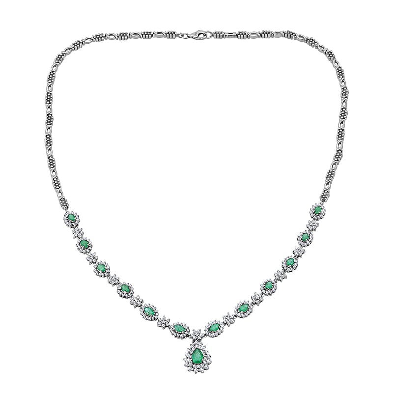 Premium Kagem Zambian Emerald and Moissanite 5.00 ctw Necklace in Rhodium Over Sterling Silver 18 Inches
