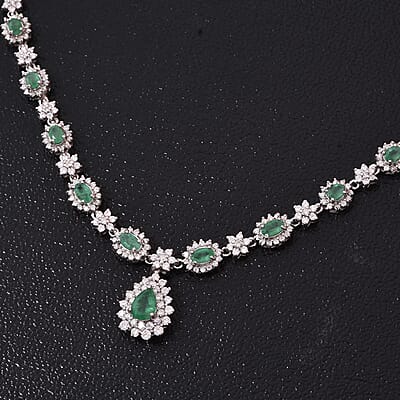 Premium Kagem Zambian Emerald and Moissanite 5.00 ctw Necklace in Rhodium Over Sterling Silver 18 Inches