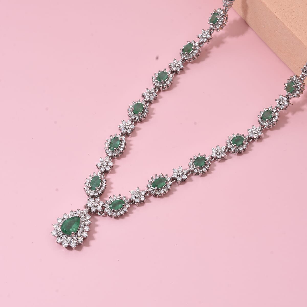 Premium Brazilian Emerald and Moissanite 5.00 ctw Necklace in Rhodium Over Sterling Silver 18 Inches image number 2
