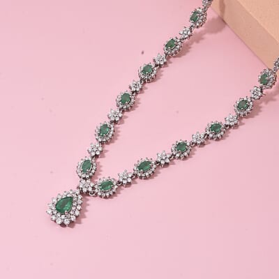 Premium Kagem Zambian Emerald and Moissanite 5.00 ctw Necklace in Rhodium Over Sterling Silver 18 Inches