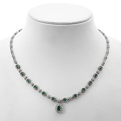 Premium Kagem Zambian Emerald and Moissanite 5.00 ctw Necklace in Rhodium Over Sterling Silver 18 Inches